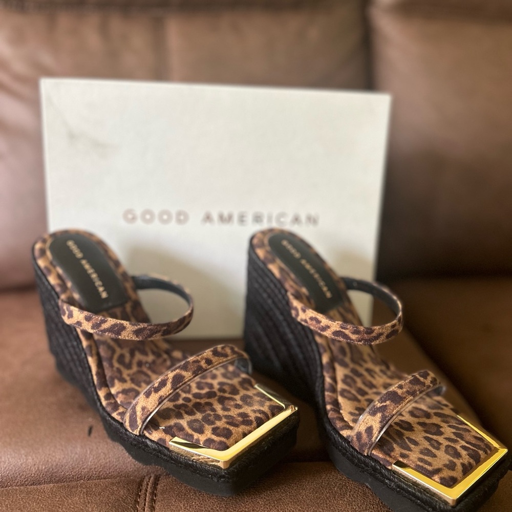 Good American Leopard and Black Wedge Sandals